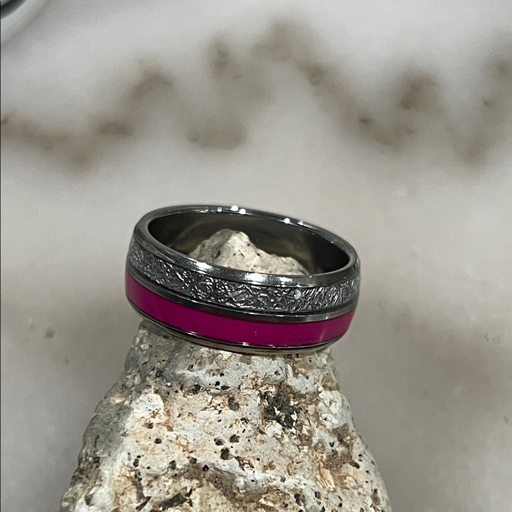 Silver and Pink Stainless Steel 8mm Ring